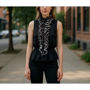 Robert Rodriguez blouse black chiffon lace overlay high ruffle collar peplum XS